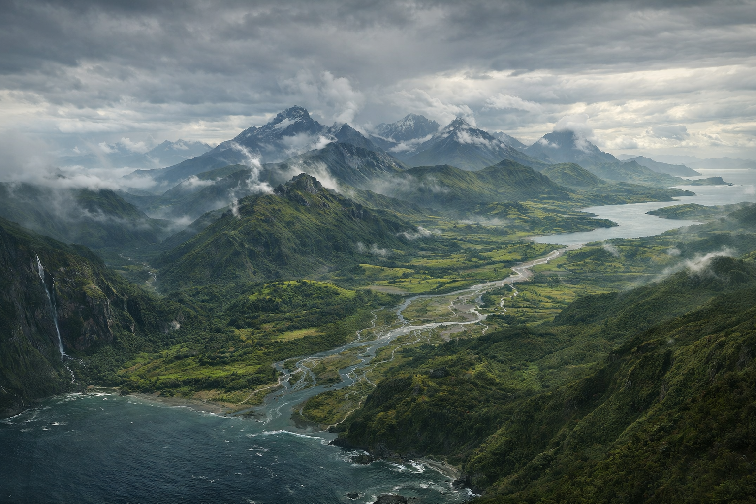 Island in temperate mist with a moody coastal skyline